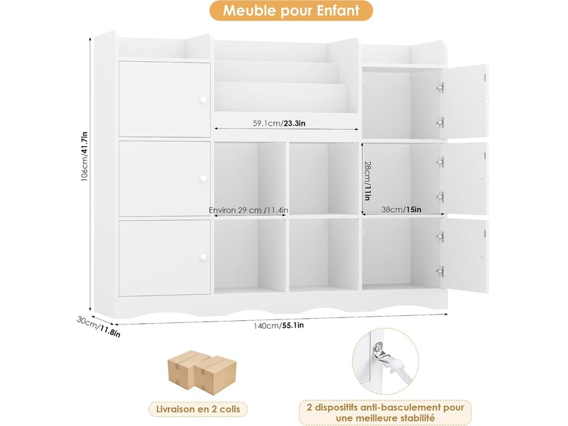  Meuble rangement enfant bibliothèque enfant avec 6 portes 15 étagères de rangement jouet enfants pour chambre salle de jeu 140x30x106 cm blanc  - Conforama C