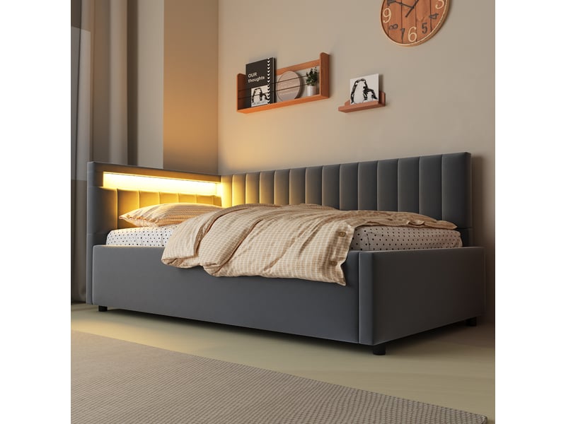  Lit canapé rembourré en velours gris 90x200 cm  - Conforama E