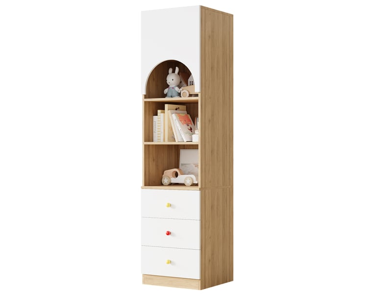 Bibliothèque haute avec 3 tiroirs et 3 étagères, 50 x 50 x 200 cm, mdf blanc et bois - Conforama A