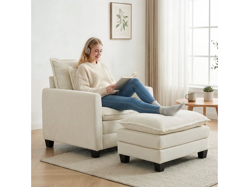  Fauteuil de salon, canapé 1 place, chenille (100 % polyester), 128x85x86cm, crème  - Conforama C