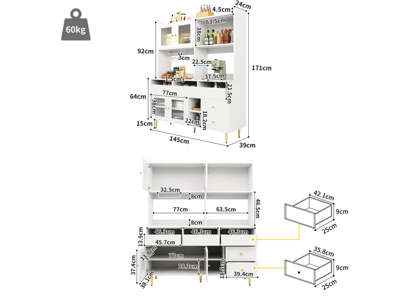 Buffet haut 145 x 39 x 171 cm en mdf, portes en verre strié, blanc et doré - Conforama C