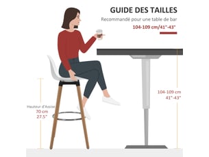 Lot de 4 tabourets de bar style scandinave hauteur avec pieds en bois et repose-pieds en acier - blanc 70 cm