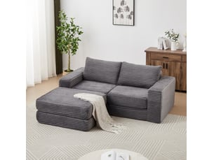 Canapé convertible modulaire 2 places en velours côtelé avec méridienne amovible et coussins gris