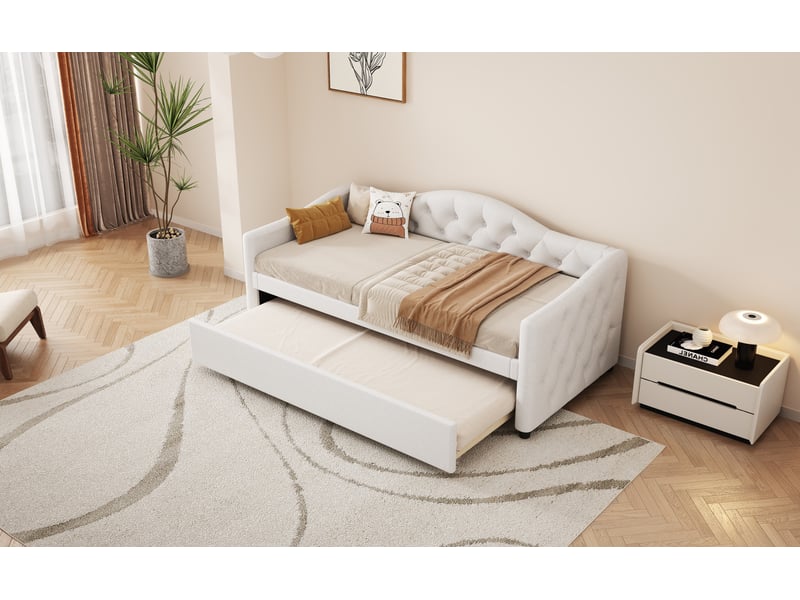  Lit gigogne 90x200 cm, banquette avec lit escamotable, en lin, beige, sans matelas  - Conforama D