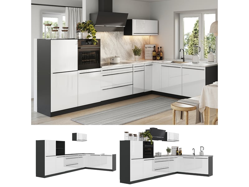  Vicco cuisine en angle, blanc haute brillanceanthracite, 347 x cm plan de travail marbre  - Conforama D