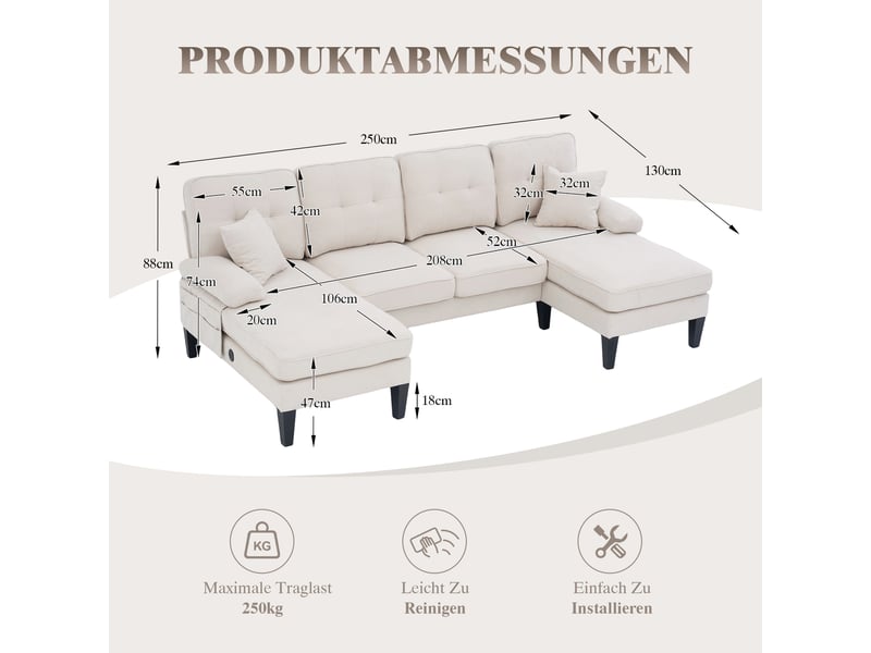  Canapé d’angle en tissu coton et lin beige, 4 places, 250 cm, panoramique, avec rangement W2845S00305 - Conforama E