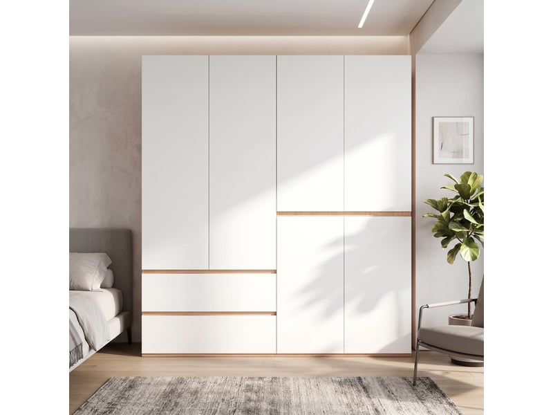  Armoire penderie 180 x 50 x 200 cm - 6 portes - 5 tiroirs - 2 barres de penderie - chêne artisan et blanc  - Conforama B