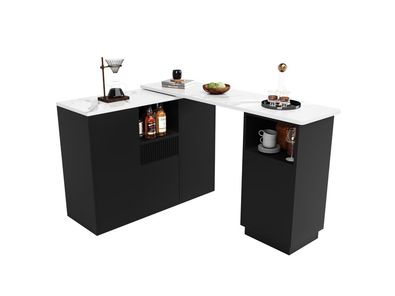  Table de bar pivotante à 360° avec plateau texture marbre, design moderne et épuré noir, îlot de cuisine modulable en l, 210x30x100.9 cm  - Conforama A