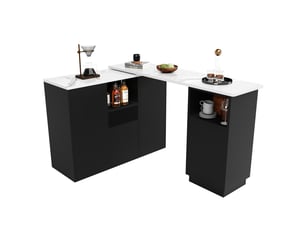 Table de bar pivotante à 360° avec plateau texture marbre, design moderne et épuré noir, îlot de cuisine modulable en l, 210x30x100.9 cm