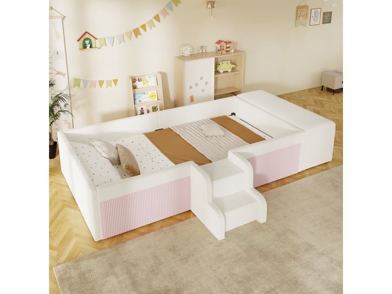  Lit banquette rembourré 90x190 cm avec marches et rangement en velours,  blanc Morn Vibe - Conforama E