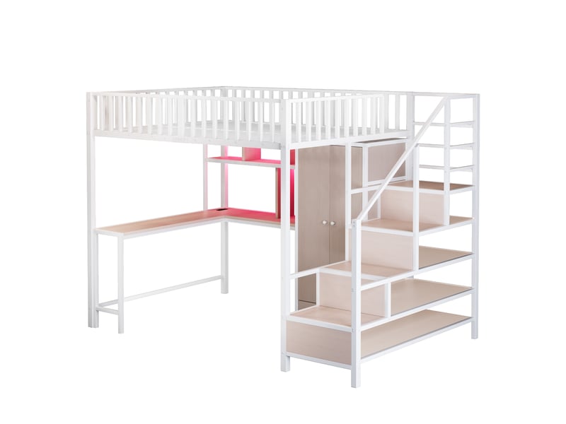 Lit mezzanine enfant 140x200 cm – blanc – bureau, armoire, rangements, led, usb et type-c intégrés - Conforama D
