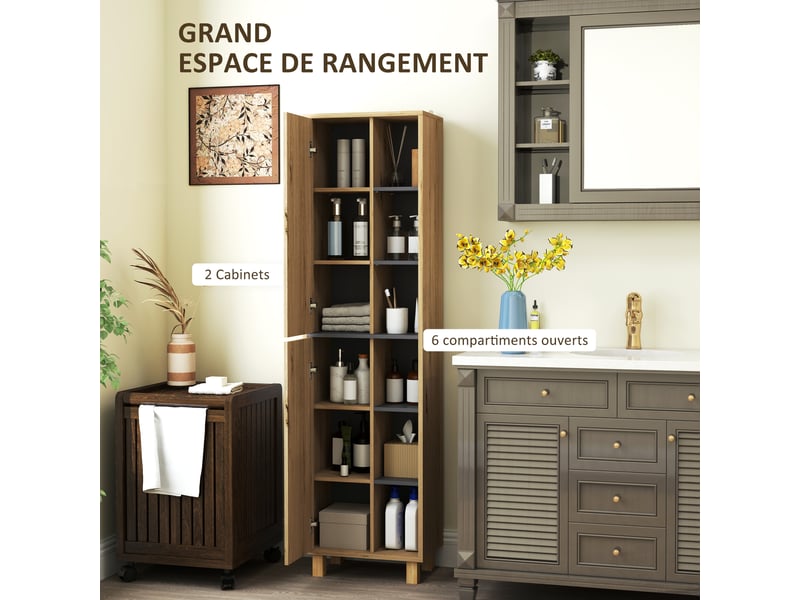  Meuble colonne salle de bain, bois naturel, armoire de salle de bain avec 6 compartiments ouverts et 2 placards  - Conforama A