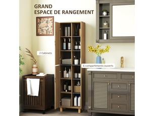Meuble colonne salle de bain, bois naturel, armoire de salle de bain avec 6 compartiments ouverts et 2 placards
