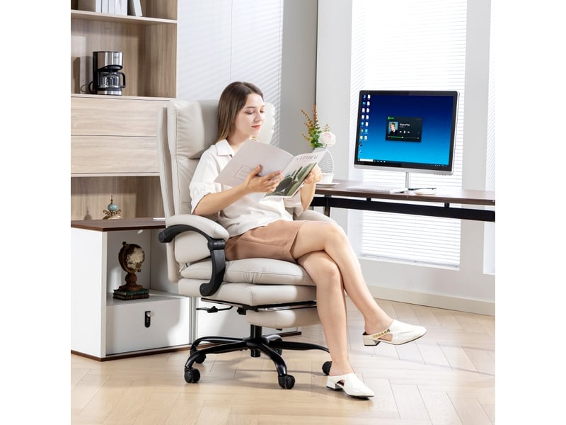  Chaise de bureau réglable avec repose-pieds et inclinaison 135° - lpospi - simili cuir gris clair  - Conforama C
