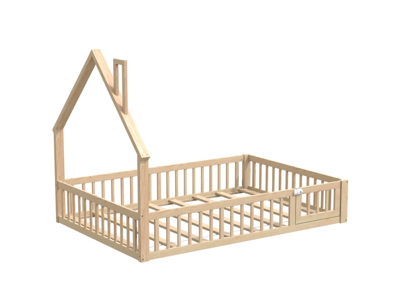 Lit enfant 140x190 cm - lit cabane design maison avec cheminée décorative et sommier inclus, bois et mdf, naturel, sans matelas - Conforama E