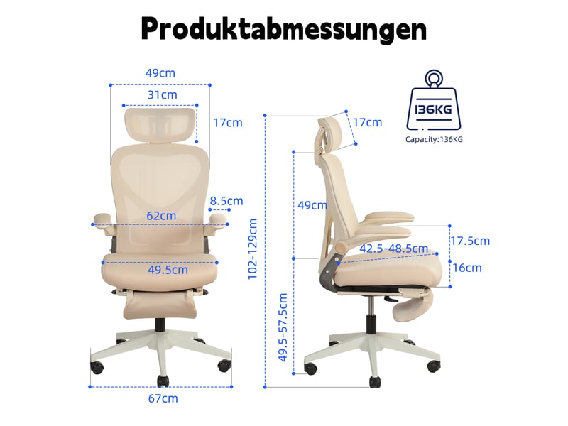  Chaise de bureau ergonomique pliable avec appui-tête 3d et soutien lombaire - lpospi - maille et mousse - crème  - Conforama D