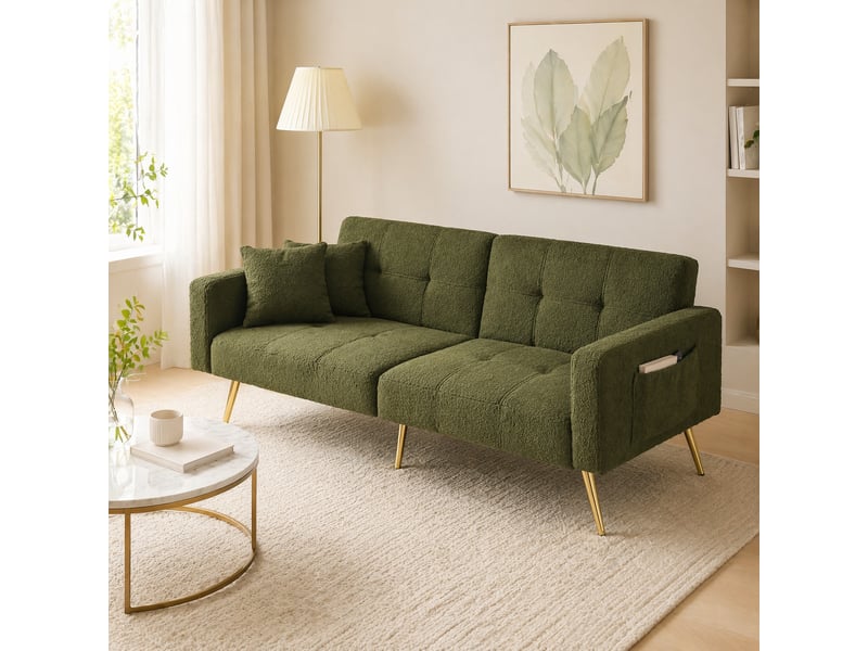  Canapé convertible modenvie 2 places 175 x 64 x 72 cm dossier réglable tissu bouclette vert ancien  - Conforama E