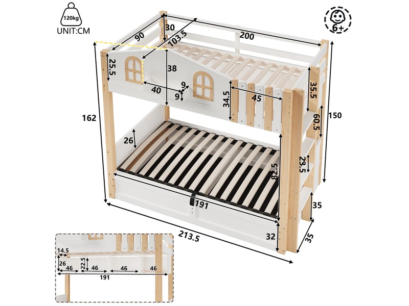  Lit superposé 90 × 200 cm 2 places avec coffre hydraulique, led et étagères, sans matelas, blanc et chêne  - Conforama D