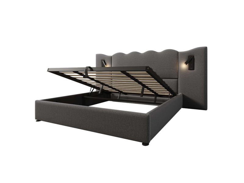  Lit coffre 180x200, coffre xl lit double, ouverture hydraulique, lampe lecture, ports usb-c, revêtement lin, sommier lattes bois massif  - Conforama D