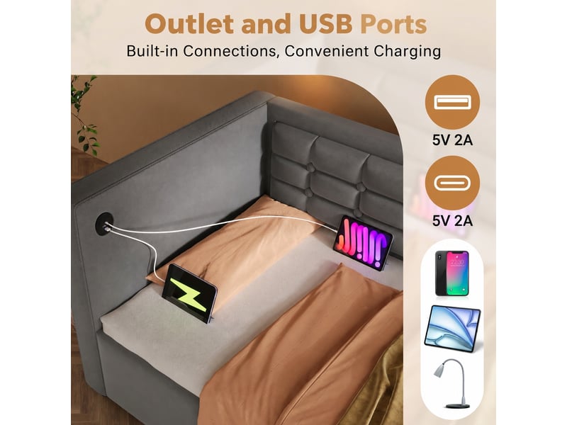  Canapé-lit 90 x 200 cm avec coffre hydraulique, usb et usb-c, velours gris  - Conforama E
