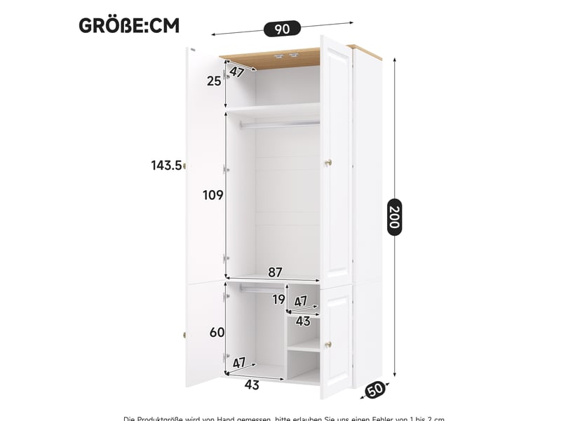  Armoire 90x50x200 cm mdf avec 2 tringles et 4 compartiments blanc et bois  - Conforama C