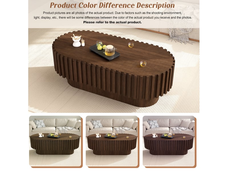  Table basse ovale avec tiroir et décor à lamelles verticales en mdf couleur noyer foncé pour salon 100 × 50 × 35,5 cm  - Conforama E