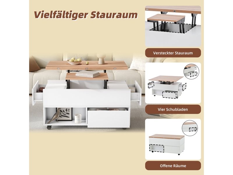  Table basse relevable avec 4 tiroirs, 2 niches et roulettes freinées pour salon en panneau de particules 100×50×52 cm  - Conforama E