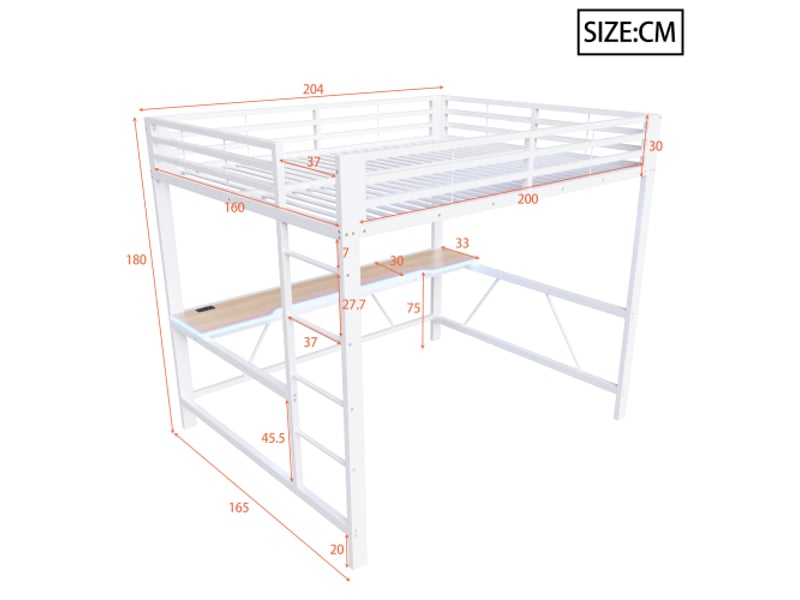 Lit mezzanine gamer métal 160x200 led usb et bureau intégré - blanc - Conforama C