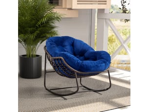 Rocking-chair en rotin avec coussin épais et structure en acier, assise large pour terrasse et jardin, bleu marine