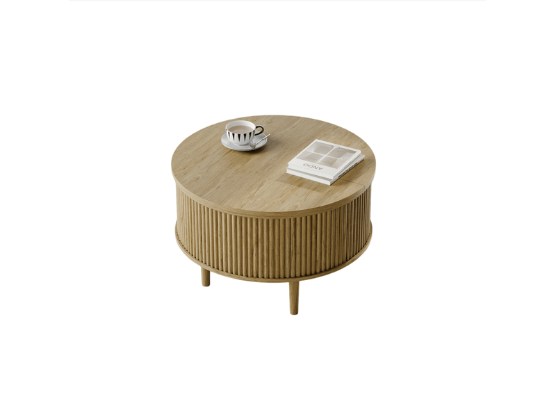  Table basse ronde avec plateaux relevables et rangement compartimenté, décor ondulé en panneaux de particules naturel  - Conforama A