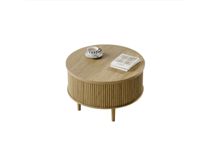 Table basse ronde avec plateaux relevables et rangement compartimenté, décor ondulé en panneaux de particules naturel