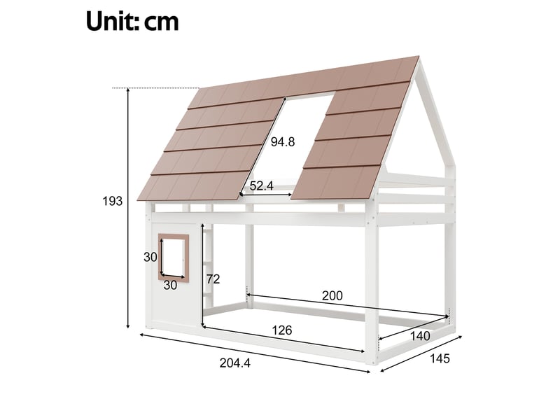  Lit superposé 140x200 cm, lit enfant, 1 sommier, design maison, toit et échelle, mdf et bois, blanc brun, sans matelas  - Conforama C