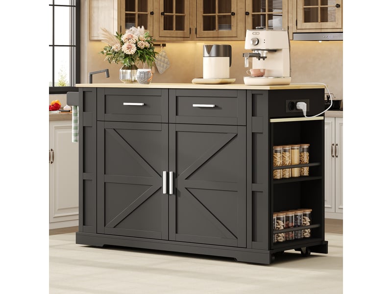  Îlot de cuisine avec table extensible et prises, meuble de cuisine noir et chêne, 130x50x93cm  - Conforama E