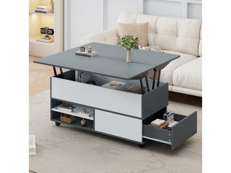  Table basse 100 x 98 x 65 cm, réglable en hauteur, avec rangement dissimulé et étagère, table de salon à roulettes et tiroirs, table à manger multifonctionnelle avec grand espace de rangement, coloris gris et blanc.  - Conforama B