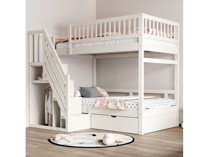Lit superposé enfant 2x90x200 cm avec escalier de rangement et tiroirs blanc - Conforama B