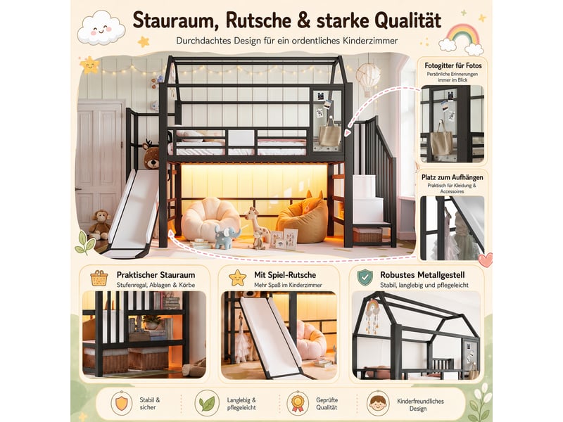  Lit simple mezzanine enfant 90×200 cm avec toboggan, escalier et led bluetooth - okmyhome- métal, sans matelas  - Conforama E