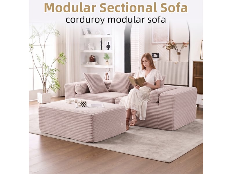  Canapé d’angle modulable,217x110x60 cm,3 places avec méridienne,chenille,beige  - Conforama E