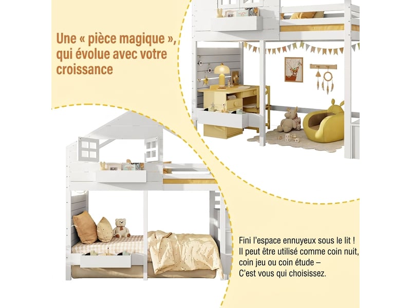  Lit superposé enfant 90x200 cabane avec fenêtre - escalier rangement et protection anti-chute - bois massif blanc  - Conforama D