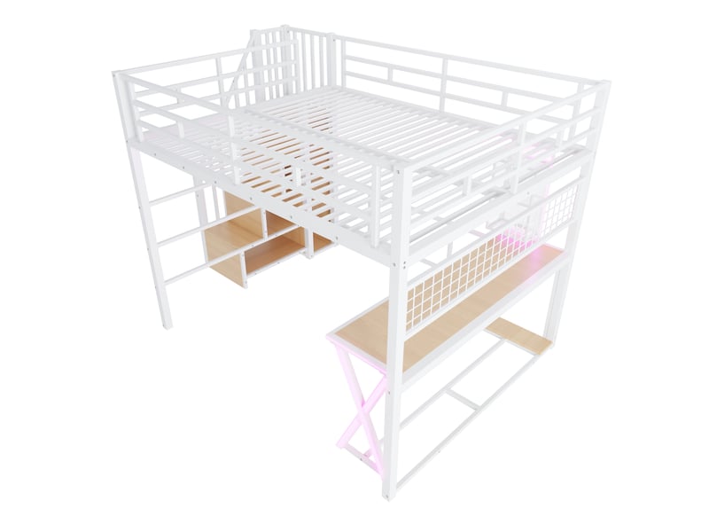 Lit mezzanine 160x200 cm blanc avec led, bureau, armoire, étagères et escalier rangement - Conforama D