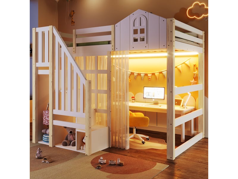  Lit mezzanine enfant 140x200 cm avec éclairage led, échelle de rangement, blanc et bois  - Conforama D