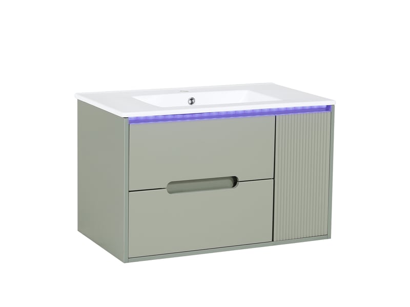 Meuble vasque mural vert 81 cm avec lavabo céramique, led, portes soft-close et étagères réglables - Conforama D