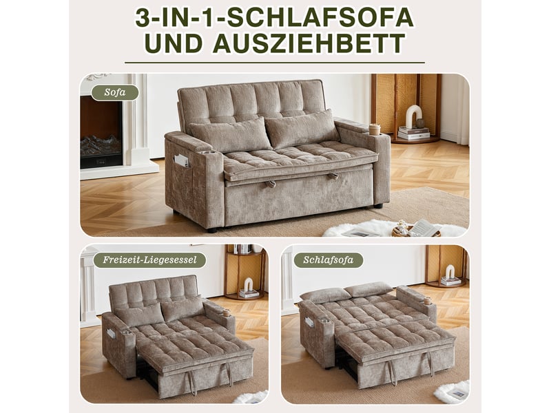 Canapé-lit 3-en-1 142x89x89 cm convertible, 2 porte-gobelets, 2 coussins lombaires, rangements, chenille marron  - Conforama D