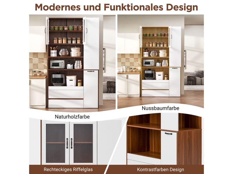 Buffet cuisine avec portes vitrées et 2 tiroirs, 100 x 40 x 200 cm, étagère coulissante, niches latérales et verre cannelé, mdf, blanc Morn Vibe - Conforama E