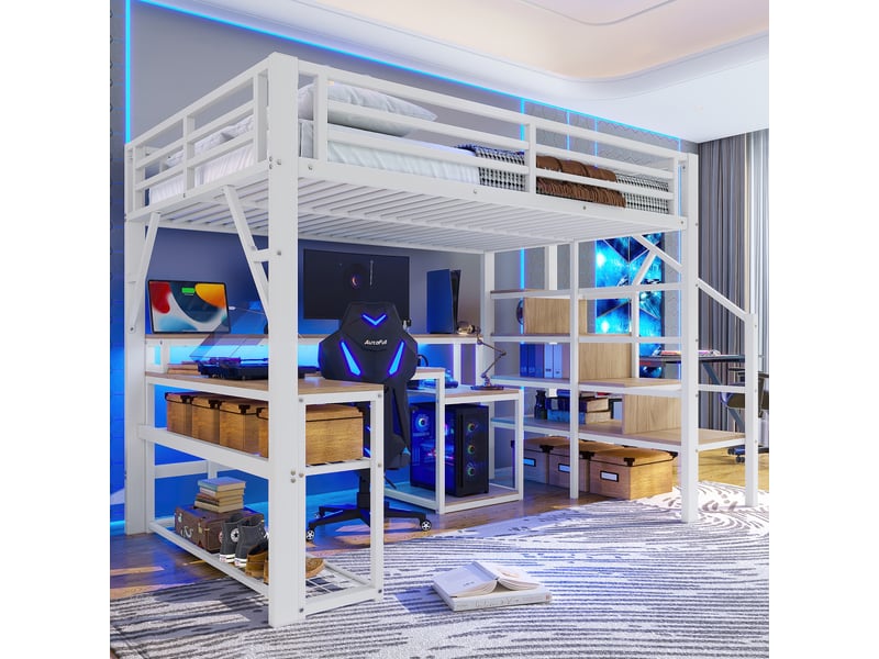 Lit mezzanine 140x200 cm avec bureau intégré, led pilotable et escalier de rangement, métal et mdf, blanc, sans matelas - Conforama B
