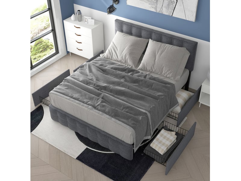  Lit coffre 140x200 cm avec 4 tiroirs, tête de lit réglable, gris en lin  - Conforama D
