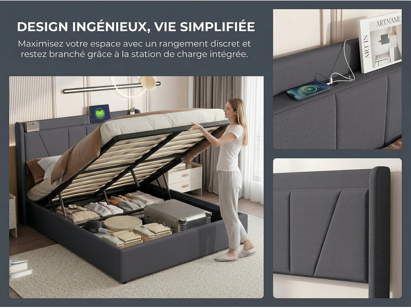  Lit coffre 160x200 cm - usb et type-c - tête de lit avec étagère - sommier relevable - grand rangement - design moderne  - Conforama E