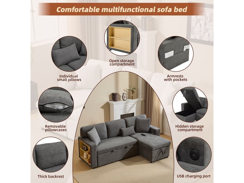 Canapé d'angle convertible réversible, tissu oxford gris foncé avec coffre de rangement, port usb intégré & étagère pour salon - 214x131cm - Conforama D