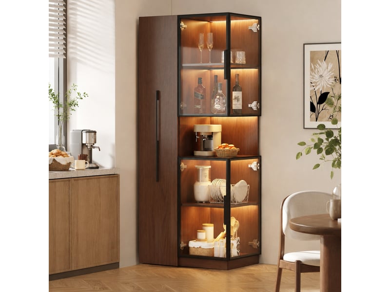 Vitrine led avec étagères latérales coulissantes, pour salon ou salle à manger, mdf et verre, noyer, 70 × 38 × 160 cm - Conforama C