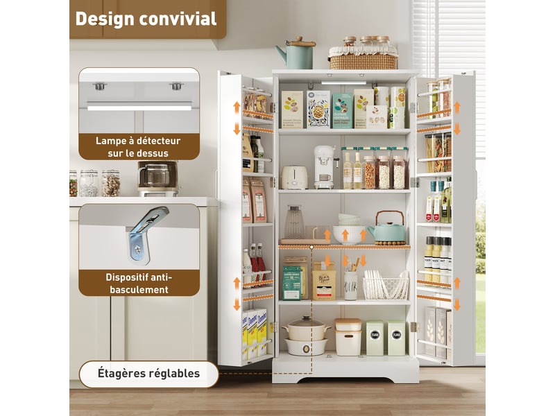  Meuble de cuisine armoire blanche avec éclairage led et étagères réglables, 60 × 35 × 128 cm  - Conforama R