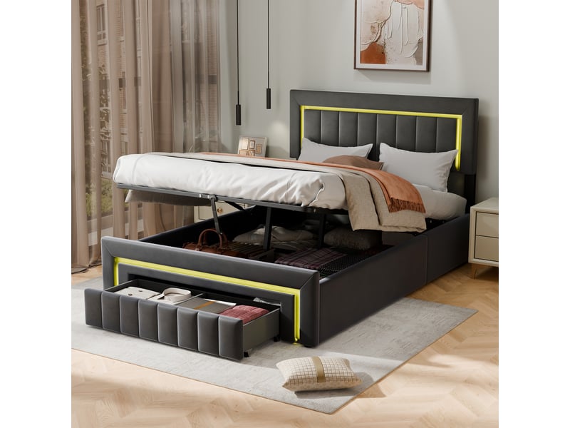  Lit coffre 2 places 140x190 cm avec 2 tiroirs et led, en velours gris  - Conforama D